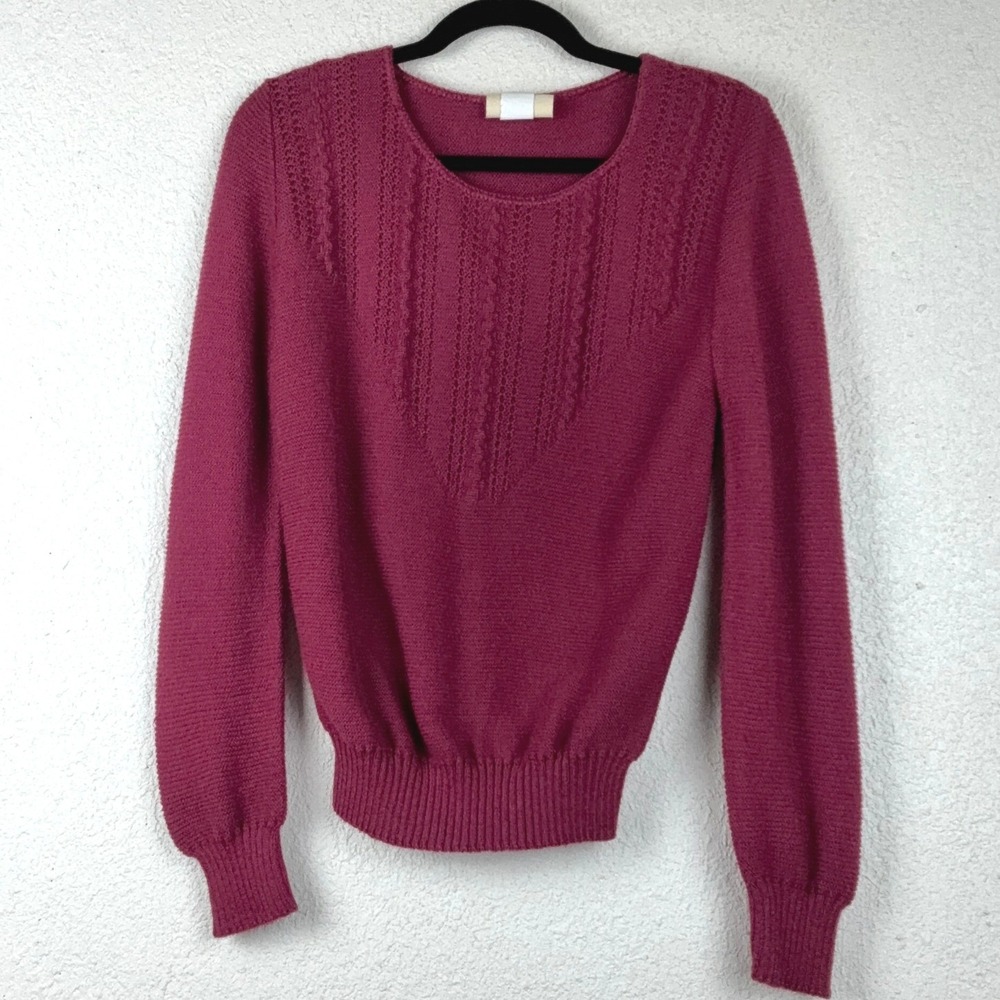 Topsicles Pink Pointelle Knit Sweater - Medium - Vintage Retro Boho Ribbed Hem